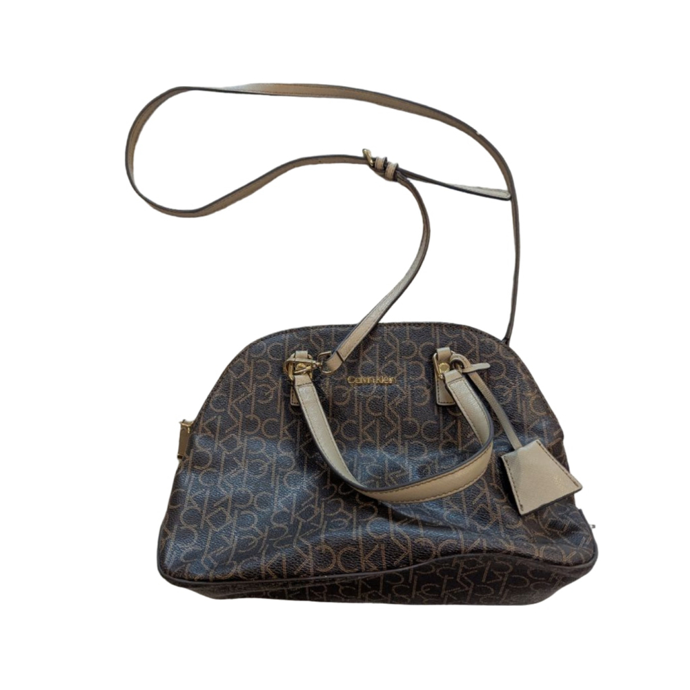 Women's Calvin Klein Brown Beige Monogram Satchel Handles Shoulder Strap